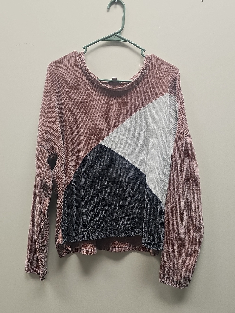 Rebecca Malone Colorblock Chenille Crew Sweater - Dusty Rose, Black, White